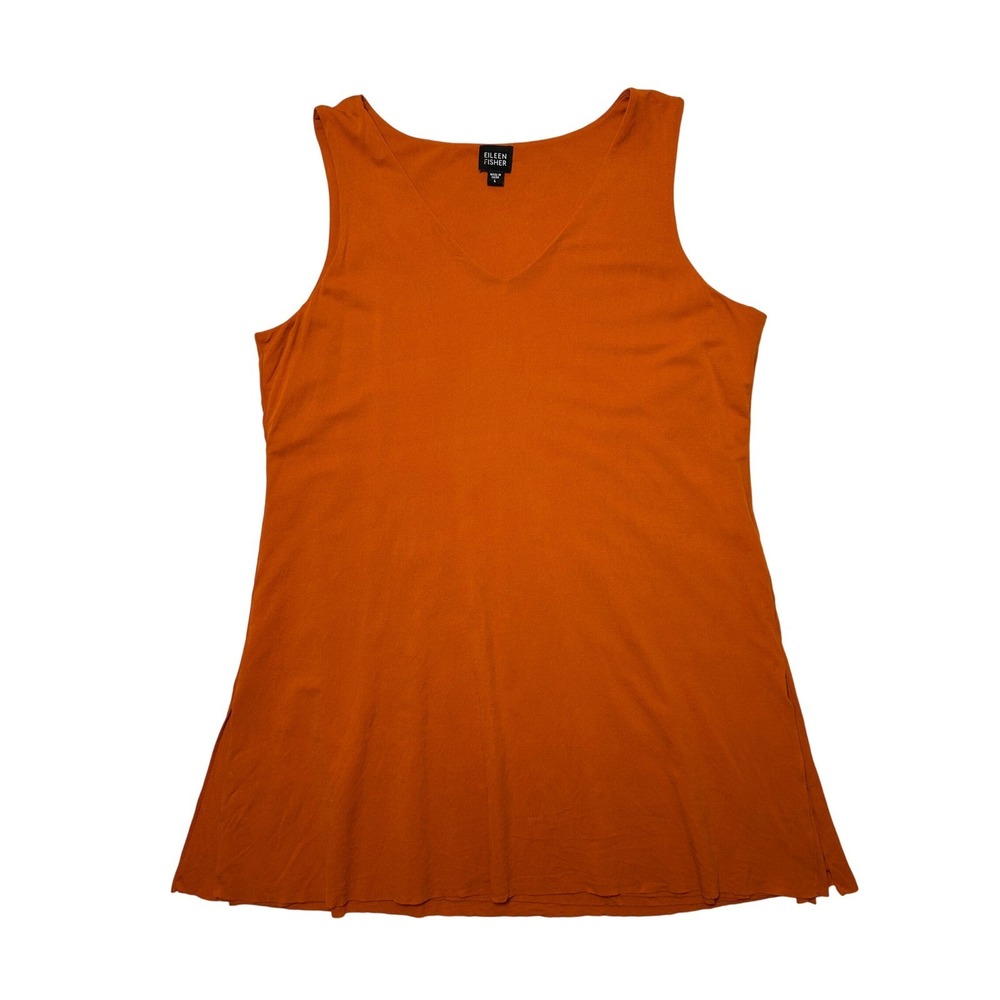Eileen Fisher System L Orange 100% Silk V-Neck Sleeveless Tunic Top Quiet Luxury